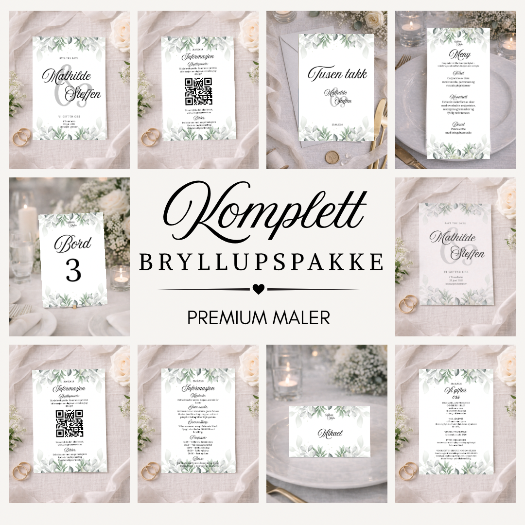 Bryllupspakke – 9 Redigerbare Maler (Invitasjon, Meny, Bordkort, Bordnummer + mer)