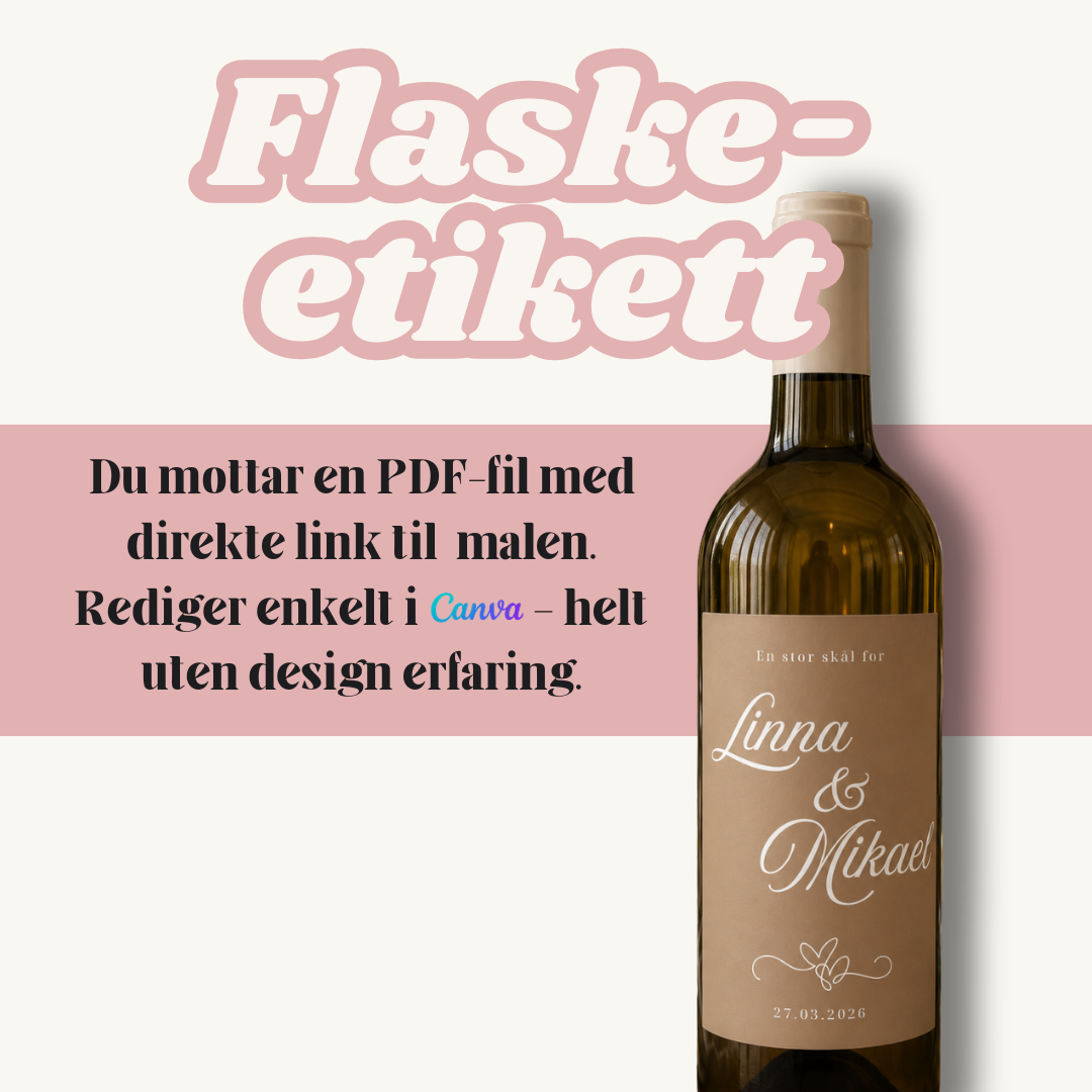 Personlig Vineetikett til Bryllup diy| Redigerbar Canva-mal