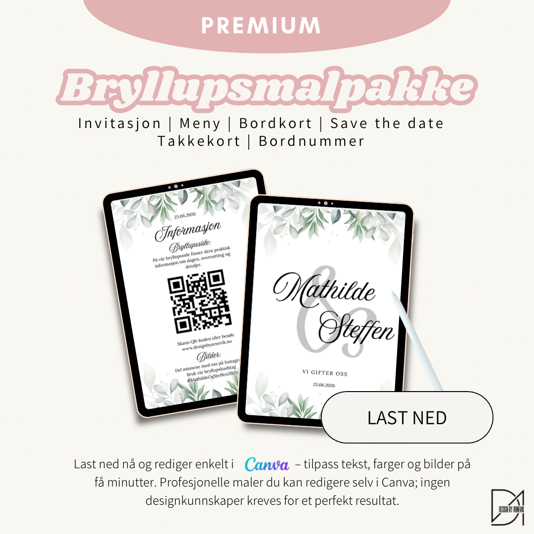 Bryllupspakke – 9 Redigerbare Maler (Invitasjon, Meny, Bordkort, Bordnummer + mer)