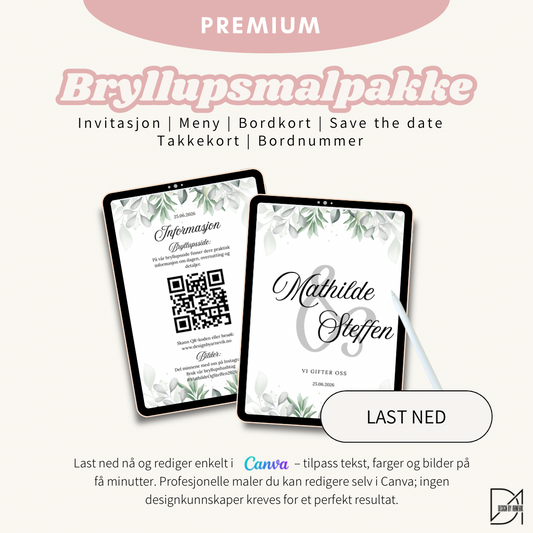 Bryllupspakke – 9 Redigerbare Maler (Invitasjon, Meny, Bordkort, Bordnummer + mer)