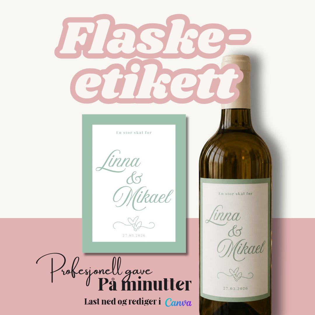 Personlig Vineetikett til Bryllup diy - grønn| Redigerbar Canva-mal