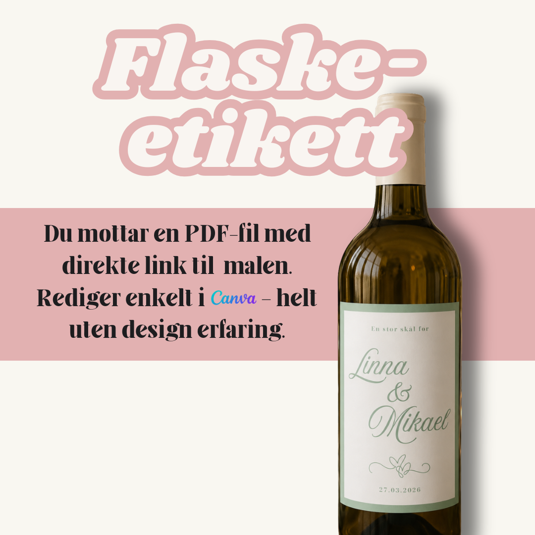 Personlig Vineetikett til Bryllup diy - grønn| Redigerbar Canva-mal
