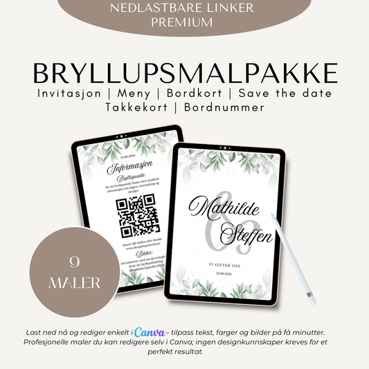 Bryllupspakke – 9 Redigerbare Maler (Invitasjon, Meny, Bordkort, Bordnummer + mer)